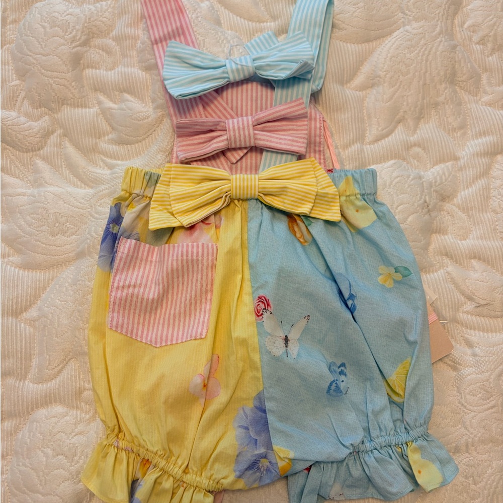 Floral Patchwork Baby Romper in Pastel Pink, Blue & Yellow